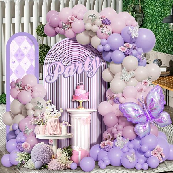 106pcs Butterfly Themed Balloon Arch Kit, Pink & Purple Latex Balloons With Butterfly Foil Balloons, Suitable For Women's Birthday, Bridal Shower, Wedding Engagement Party Decoration