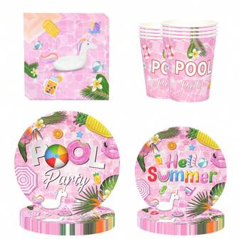50 pièces/80 pièces Ensemble de vaisselle de fête d'anniversaire rose pour piscine, décorations de table d'été de plage, fournitures. Assiettes à dessert, serviettes, gobelets pour fête d'anniversaire hawaïenne de piscine d'été