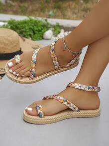 Plus Size Women's Woven Flat Sandals, Lightweight Non-Slip Beach Shoes With Rope Sole, Bohemian Style Holiday Slippers, Random Retro Pattern