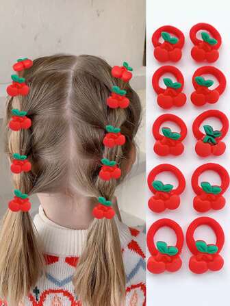 10 piezas Lazos para el cabello de niños con diseños lindos de fruta, cereza, flor y corazón, bandas elásticas sin costuras para niñas, color rojo