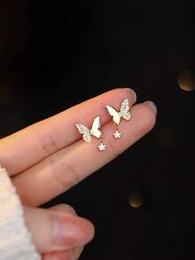 一对 S925 银简约自然风格可爱小巧水晶蝴蝶耳钉，适合女孩 - 均碼 - 查看 4