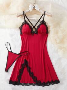 Damska jednokolorowa, kontrastowa, siateczkowa, prześwitująca, seksowna koszula nocna