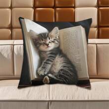 1 pièce Taie d'oreiller décorative en peluche 45 x 45 cm - Motif chat mignon dormant sur des livres, fermeture zippée, polyester doux, décoration d'intérieur idéale pour tous les styles de pièce, excellent cadeau (insert non inclus)
