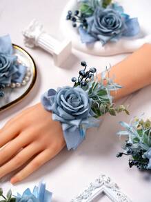 2 Stücke/Set Armband Corsage und Ansteckblume Set für Hochzeit Braut Brautjungfer Handblume Mutter Großmutter für Bridal-Shower Corsage für Bräutigam Trauzeuge, künstliche staubige blaue Rosen Blumen für Abschlussball Party Jahrestag Hochzeitsgeschenk Dekoration