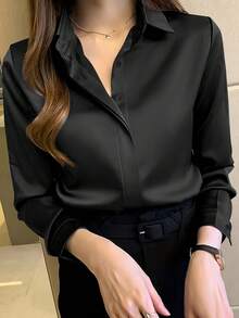 Women's Elegant Black Long Sleeve Blouse, Semi-Sheer Polyester Material With Button Details, Suitable For Spring/Summer/Autumn - Black - View 1