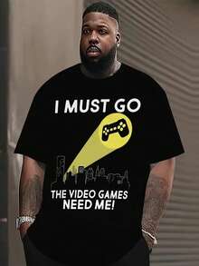 1pc Men'S Gaming Themed Short Sleeve T-Shirt, Casual Sports Crew Neck, Geometric Pattern, Comfortable Polyester Knit With Slight Stretch, Regular Fit - "I Must Go, The Video Games Need Me!", Plus Sizevintage Men Vacation,Summer Shirt,A Great Gift - màu đen - Xem 1