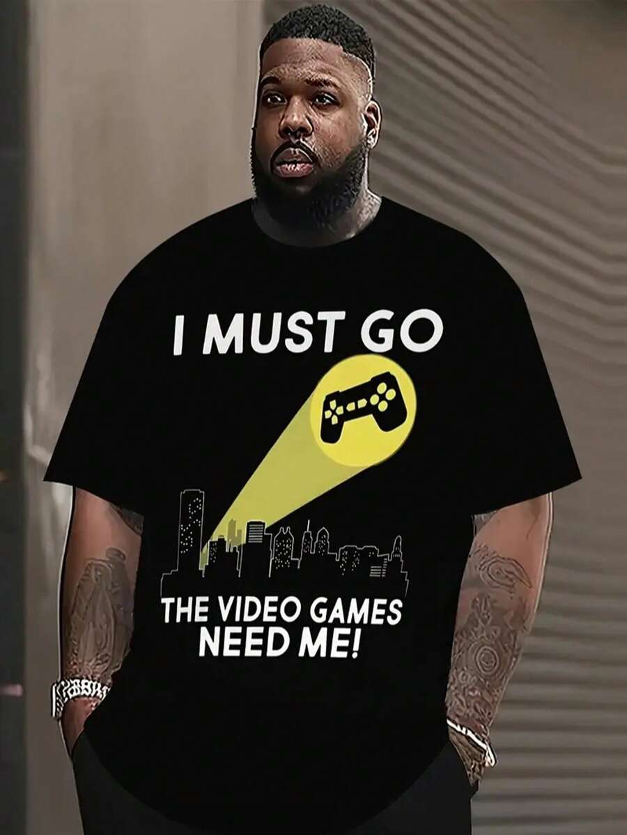 1pc Men'S Gaming Themed Short Sleeve T-Shirt, Casual Sports Crew Neck, Geometric Pattern, Comfortable Polyester Knit With Slight Stretch, Regular Fit - "I Must Go, The Video Games Need Me!", Plus Sizevintage Men Vacation,Summer Shirt,A Great Gift - màu đen - Xem 1