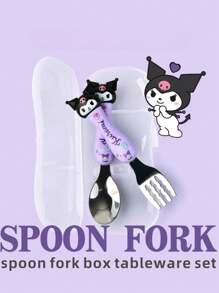 Sanrio 2 pezzi Set di posate Sanrio Hello Kitty, Kuromi, My Melody, Cinnamoroll, in acciaio inossidabile 304, con bacchette, cucchiaio e forchetta a tema cartone animato, set di stoviglie portatile con scatola di immagazzinaggio, articoli scolastici