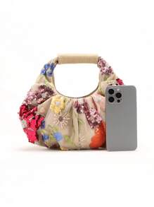 1 pieza Bolso de mano de mujer de diseño único con flores bordadas, volantes y detalles de malla y lentejuelas en contaste de colores, estilo verano/playa, con estampado floral enviado al azar