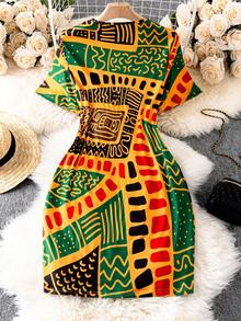 Fashion Casual Slim Fit V-Neck All-Over Allover Print Short Sleeve Plus Size Dress - Multicolor - View 2