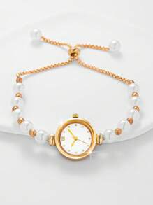 6pcs/Set Women Elegant Quartz Pearl Watch Bracelet Set With Heart-Shaped Cubic Zirconia Necklace Ring Earrings, Gift For Mother's Day, Teachers' Day, Thanksgiving, Student Graduation & Birthday, No Box