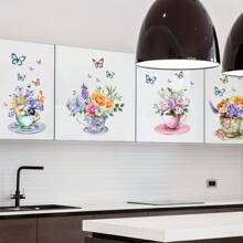 1 set de autocolante de perete cu imprimeu floral, autocolante de perete impermeabile din PVC cu flori în acuarelă, potrivite pentru bucătărie, sufragerie, dormitor, verandă, decor pentru cameră de bucătărie, decor pentru casă, tapet, tapet pentru baie, autocolante personalizate, decor de perete