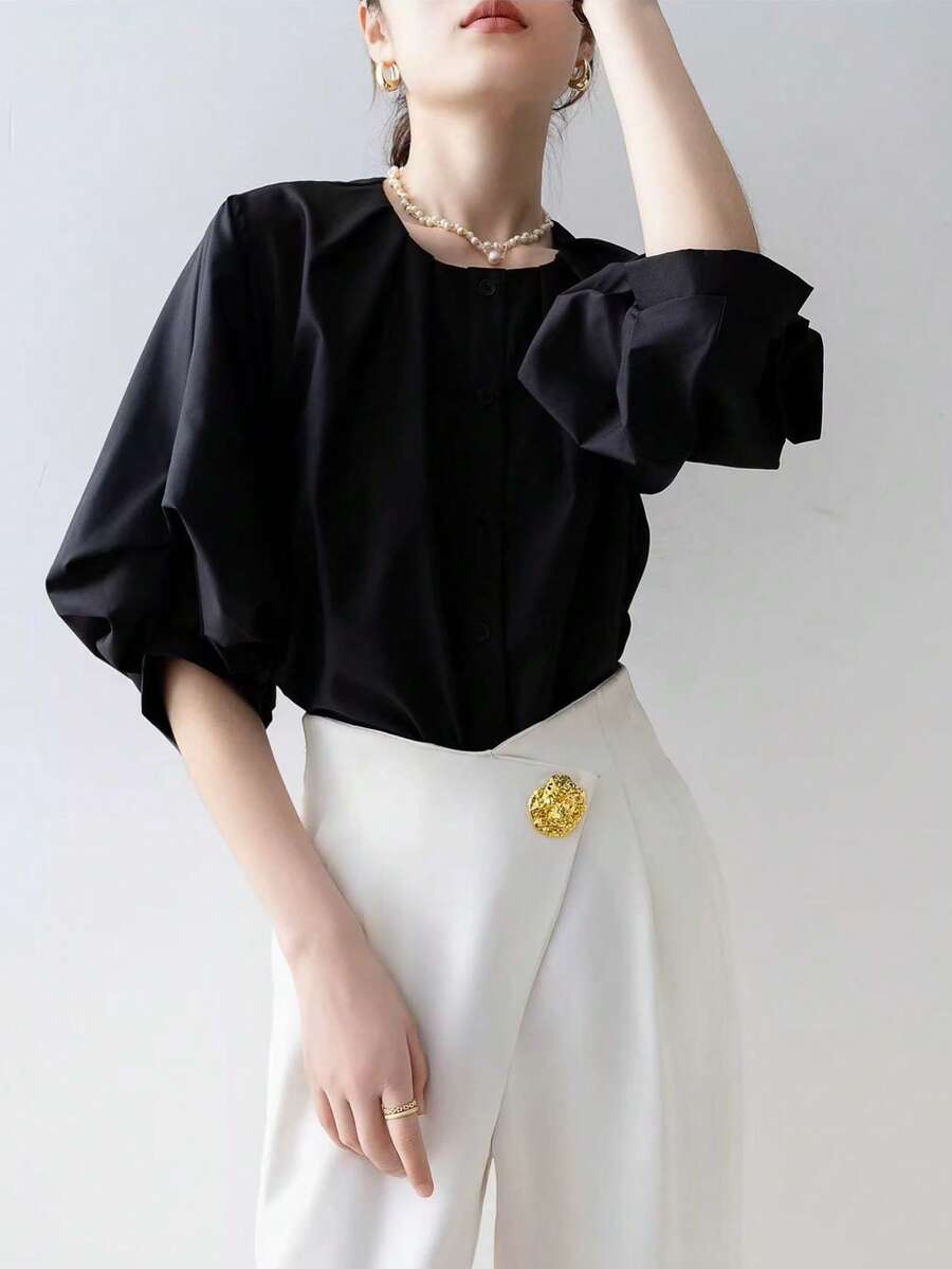 Áo sơ mi dài tay trơn dành cho nữ, thiết kế tối giản, phù hợp cho mùa hè, màu đen. - màu đen - Xem 1