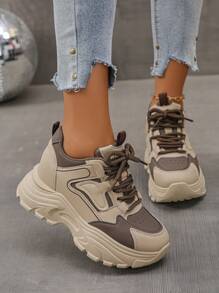 Women's Platform Thick Bottom Sneakers, Spring Autumn New Versatile Slimming Elevator Lace-Up Casual Shoes