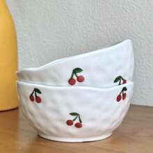 1 pieza Bol de cerámica hecho a mano de 300ml con diseño asimétrico minimalista moderno, pintado a mano con cerezas rojas, bol de cerámica redondo para ensaladas, postres, aperitivos, apto para uso doméstico, regalo de Año Nuevo y cumpleaños, regalo del Día de la Mujer 3.8, apto para lavavajillas y microondas, regalo ideal para restaurantes, aficionados a la cocción y reuniones, útiles escolares