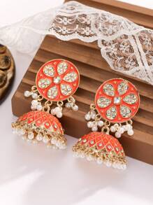 1 par de pendientes retro con gotas de agua, incrustados con perlas y rhinestones, pendientes con borlas, pendientes bohemios con campanas, pendientes para mujer para uso diario, banquetes, fiestas y vacaciones