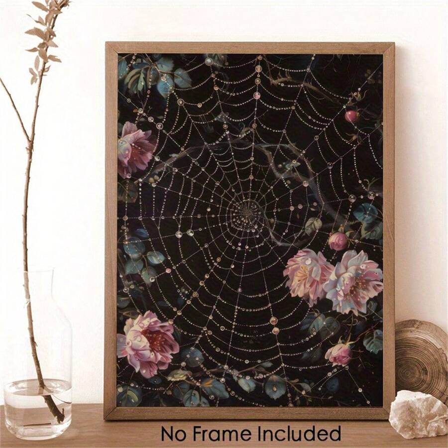 A Painting With The Theme Of Dew Drops On A Spider Web And Pink Roses, Depicting A Dark Plant Garden, A Dark Cottage-Style Forest, And A Dark Floral Forest, Suitable For Home Decor, Living Room, Bedroom, Cafe, Office And Other Spaces. This Unframed Canvas Painting Is The Perfect Choice For Room Decoration, And Also Suitable For Home And Office Decoration.