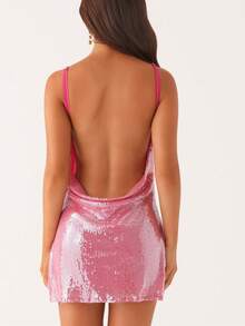 Women Halter Mini Dress Sequin Sparkly Sexy Backless Short Dress Glitter Y2K Spaghetti Strap V Neck Cut Out Bodycon Dress Party Night Out Clubwear - 粉色 - 查看 4