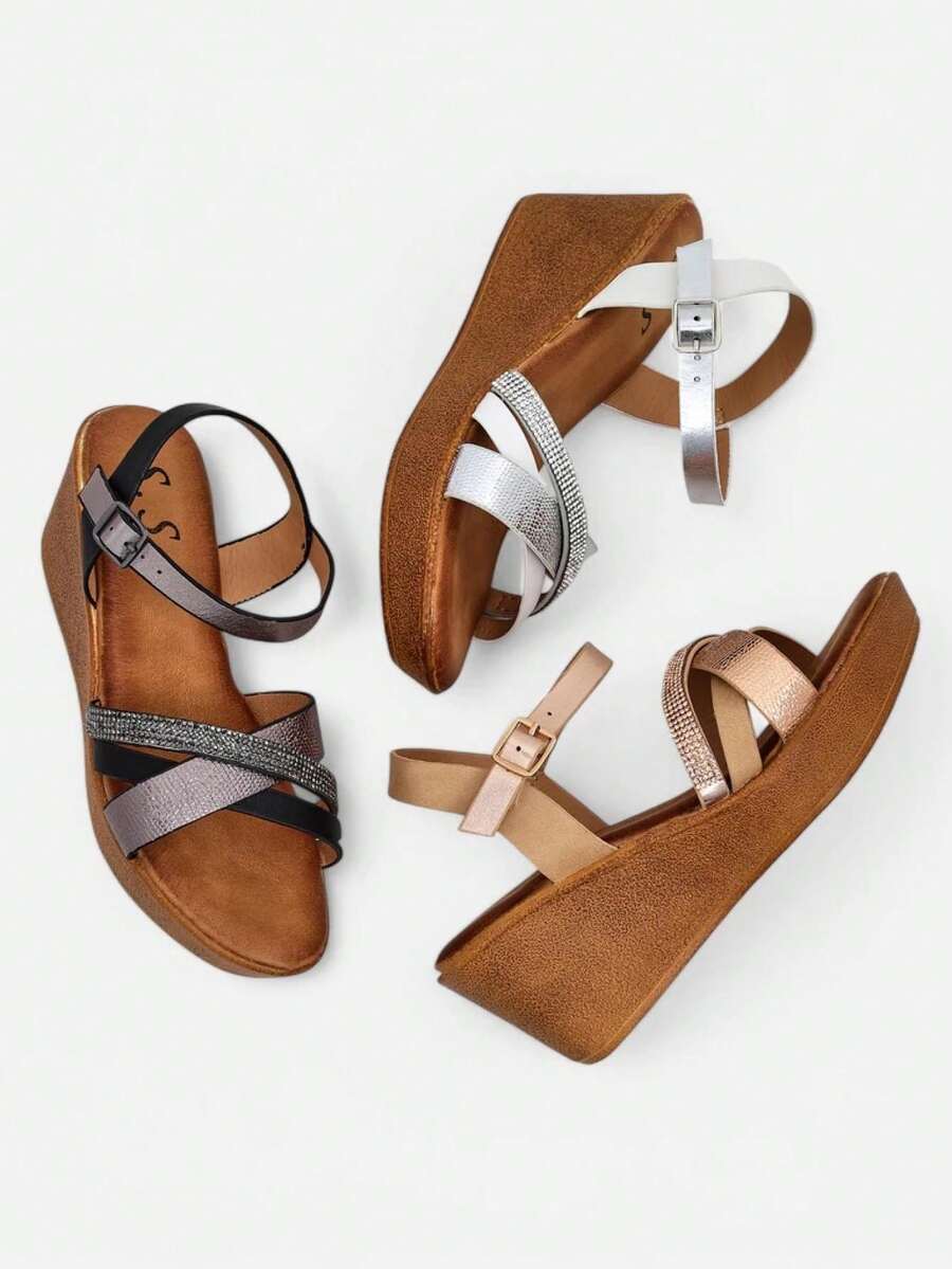 Women's Wedge Sandals With Rhinestones And Glitter - Silver - View 1