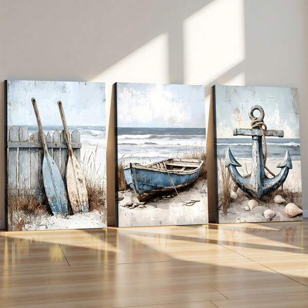 Conjunto de 3 impresiones artísticas en lienzo - Decoración náutica contemporánea de la playa, cuadros con temática oceánica enmarcados para sala de estar, dormitorio, baño, oficina, pasillo, regalo de decoración del hogar de estética moderna