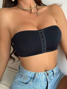 1 pièce Soutien-gorge sans bretelles rembourré pour femme, soutien-gorge sans couture confortable avec fermeture devant, noir