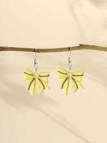 1 Pair Acrylic Sports Ball Bow Knot Design Dangle Earrings For Women, Football, Basketball, Rugby, Baseball, Cheerleading, Silver-Color Hook