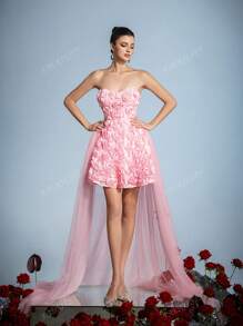 Elegant Mini Bridal Gown With Intricate 3D Flowers & Lightweight Netted Tulle Trail – Perfect For Summer Weddings, Garden Parties, Luxury Ceremonies, Or Formal Evening Events, Bride