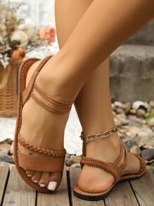 Sandalias planas tipo slip-on con estilo bohemio de verano, sandalias planas romanas con tiras, sandalias planas de punta abierta y versátiles en marrón, caqui, negro, verde oliva