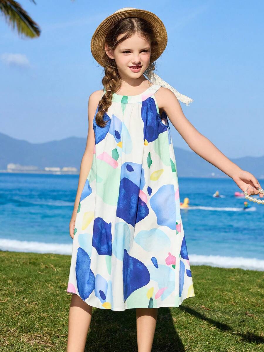 ASK JUNIOR 女童清新图案印花无袖挂脖连衣裙 - 藍色 - 查看 1