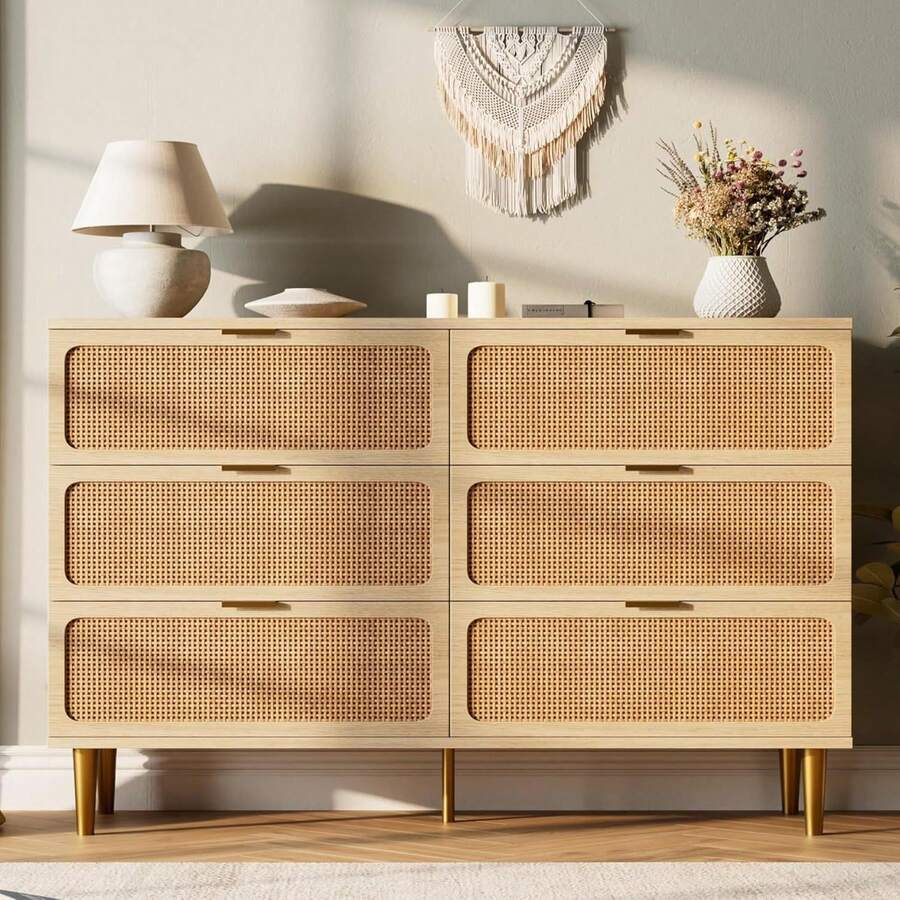 CuisinSmart Rattan 6 Drawer Dressers For Bedroom,Farmhouse Large Double Dresser With Gold Handles,Boho Chest Of Drawers With Deep Drawers For Living Room,Hallway.Oak - 橡木 - 查看 1