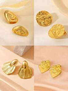 Minimalist Stainless Steel Asymmetrical Round Stud Earrings, Fashionable And Elegant For Women - Yellow Gold - View 3