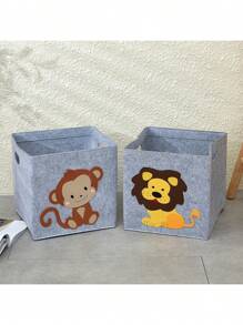 Cartoon Animal Pattern Foldable Felt Fabric Cube Storage Basket For Kids' Toys, Monkey Design