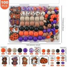 100pcs/Box Contains Various Silicone Focal Beads (Christmas Theme, Halloween Theme, Plant Theme, Cow, Dog, Etc.), 15mm Printed Silicone Beads, As Well As A Combination Of 15 Solid Color Silicone Beads And 12mm Lentil Beads. It Is Suitable For Jewelry DIY Handicrafts, Bracelets, Keychain Pendants, Bag Pendants, And Can Also Be Given As Gifts To People - Multicolor - View 24