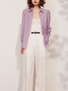 Chemise surdimensionnée à rayures mode, blouse à manches retroussées avec broderie de lettres pour femme de bureau, printemps été automne - Rose vif - View 2