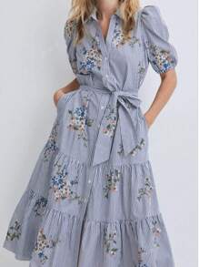 Women's Elegant Blue & White Striped Button-Up Flared Hem Short Sleeve Shirt Dress