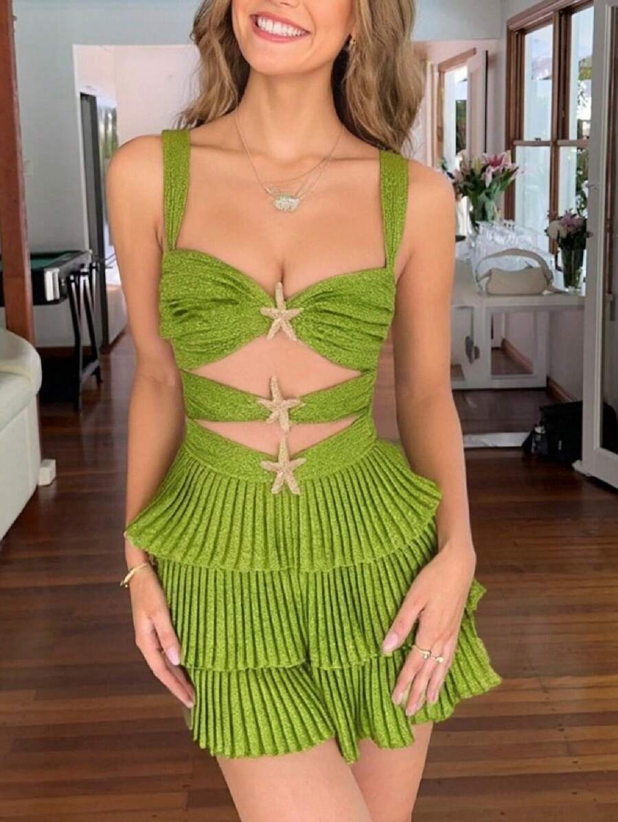 Women Starfish Glitter Mini Dress Sexy Cut Out Backless Dresses Ruched Ruffle Tiered Layered A Line Swing Dress