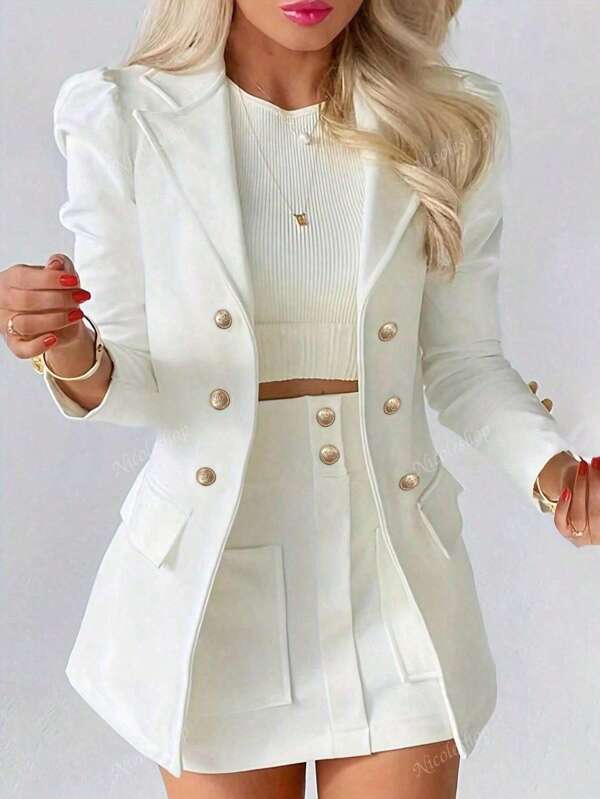Women's Fashion Casual Solid Color Personality Puff Sleeve Double-Breasted Blazer Jacket + Elegant Formal Skirt 2-Piece Suit Set For Work, Commuting, Party