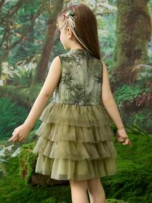 ASK JUNIOR 女童中式竹子与水墨画撞色网眼泡泡裙