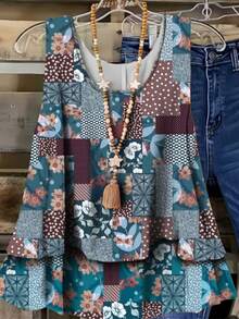 Women's Fashion Casual Elegant Random Printed Hem Multi-Layered Micro-Stretch Vest