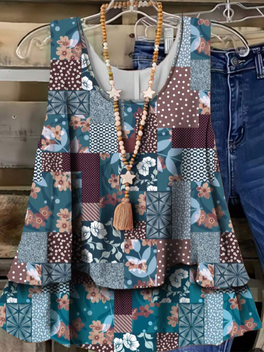 Women's Fashion Casual Elegant Random Printed Hem Multi-Layered Micro-Stretch Vest