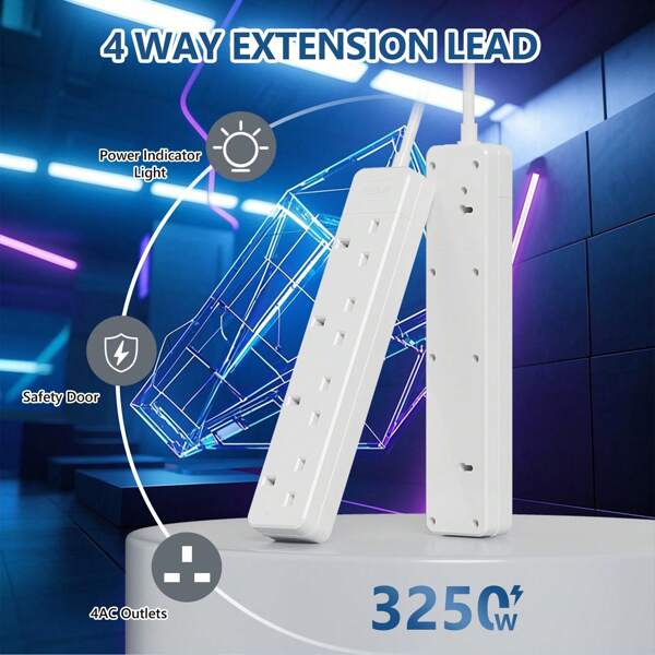 TISDLIP TISDLIP UK Minimalist Style Four Position Extension Cord Socket With Power Indicator Light And Safety Door Design, PP Material, Equipped With 2 Screws And 2 Transparent Adhesives, Suitable For Office, Kitchen, Living Room, School, White, Extension Cord Power Socket