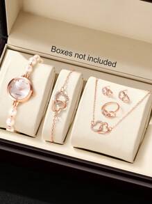 6pcs/Set Women Elegant Quartz Pearl Watch Bracelet Set With Heart-Shaped Cubic Zirconia Necklace Ring Earrings, Gift For Mother's Day, Teachers' Day, Thanksgiving, Student Graduation & Birthday, No Box