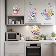 1 set de autocolante de perete cu imprimeu floral, autocolante de perete impermeabile din PVC cu flori în acuarelă, potrivite pentru bucătărie, sufragerie, dormitor, verandă, decor pentru cameră de bucătărie, decor pentru casă, tapet, tapet pentru baie, autocolante personalizate, decor de perete