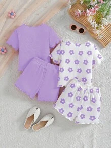 Conjunto de 2 piezas de top de punto con estampado floral y ribete de volantes + pantalones cortos, ropa informal para salidas, fiestas, vacaciones y verano para niñas