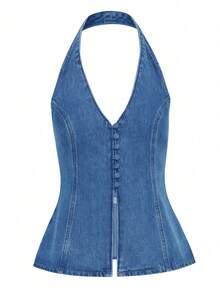 Women's Denim Top With Fashionable Sleeveless Elastic Hanging Collar Denim Vest - A Must-Have Fashion Item For Women In Summer - 淺色水洗藍 - 查看 6