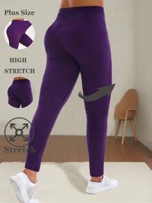 Women Plus Size Purple Leggings, Casual European & American Style, Outdoor Sports & Fitness Pants, Simple, Soft, Comfortable, High Elasticity, Body-Hugging, For Home, Yoga, Beach, Music Festival, Camping, Hiking, Cycling, Stretching, Cropped, Spring/Summer