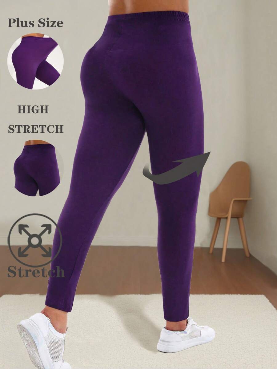 Women Plus Size Purple Leggings, Casual European & American Style, Outdoor Sports & Fitness Pants, Simple, Soft, Comfortable, High Elasticity, Body-Hugging, For Home, Yoga, Beach, Music Festival, Camping, Hiking, Cycling, Stretching, Cropped, Spring/Summer