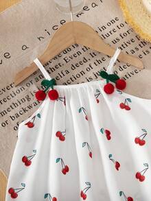 Young Girls Cherry 3D Flower Strap Dress, Cute & Comfortable Versatile Princess Dress, Summer Beach Holiday Style - White - View 8