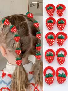 10pcs Children Cute Fruit Strawberry Cherry Flower Heart Hair Ties, Small Girls' Seamless Hair Bands, Red - Red - View 3