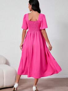 2025 Spring & Summer New Maternity Dress With Square Neck, Puff Sleeves, Flared Hem - Pink - View 6